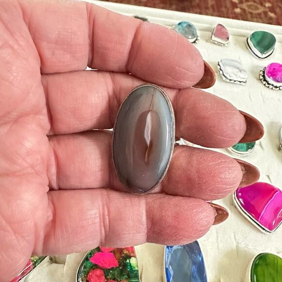 💕 Botswana agate oval natural gemstone ring silver overlay stamped 925 size 6.5 - Picture 4 of 4